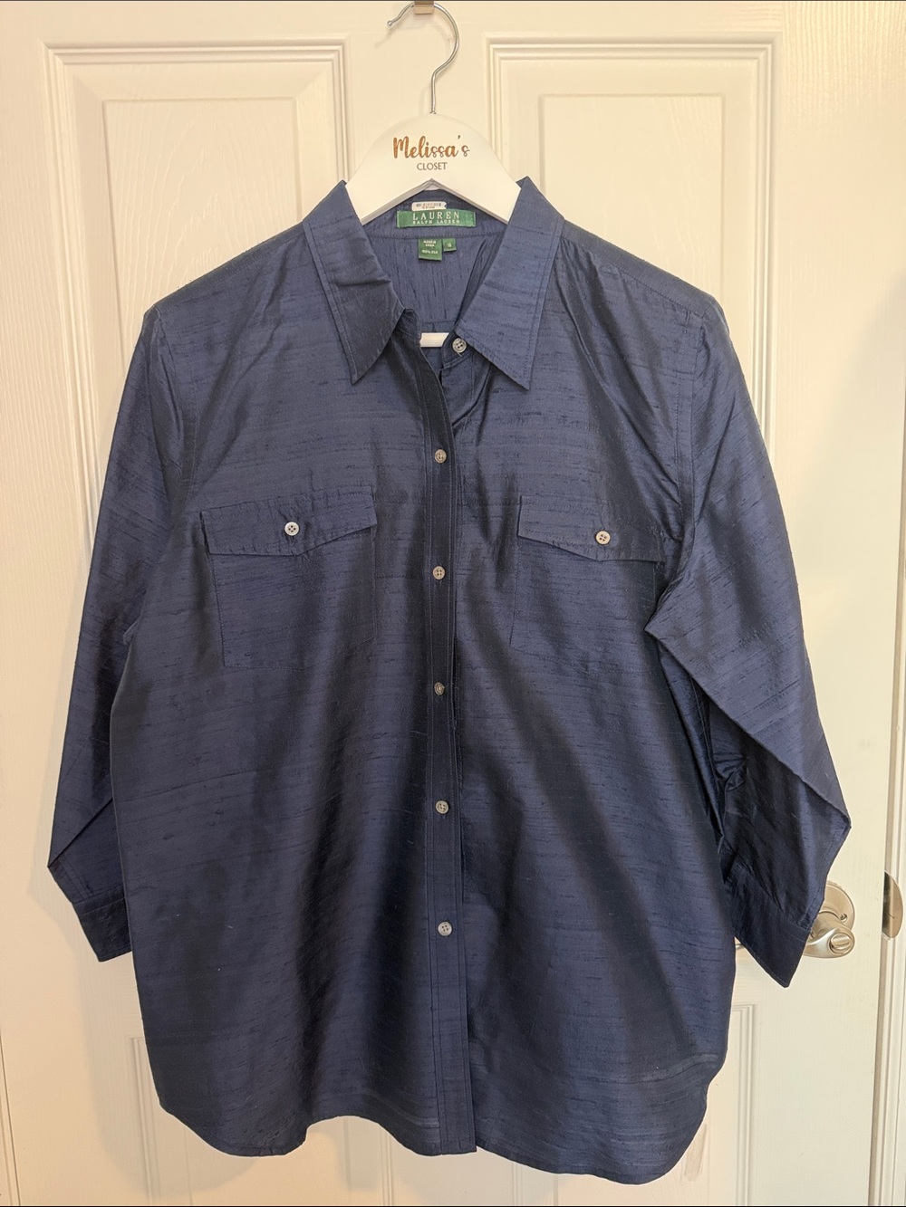 Vintage Lauren Ralph Lauren 100% Silk Textured Button Up Blouse Navy Blue 16